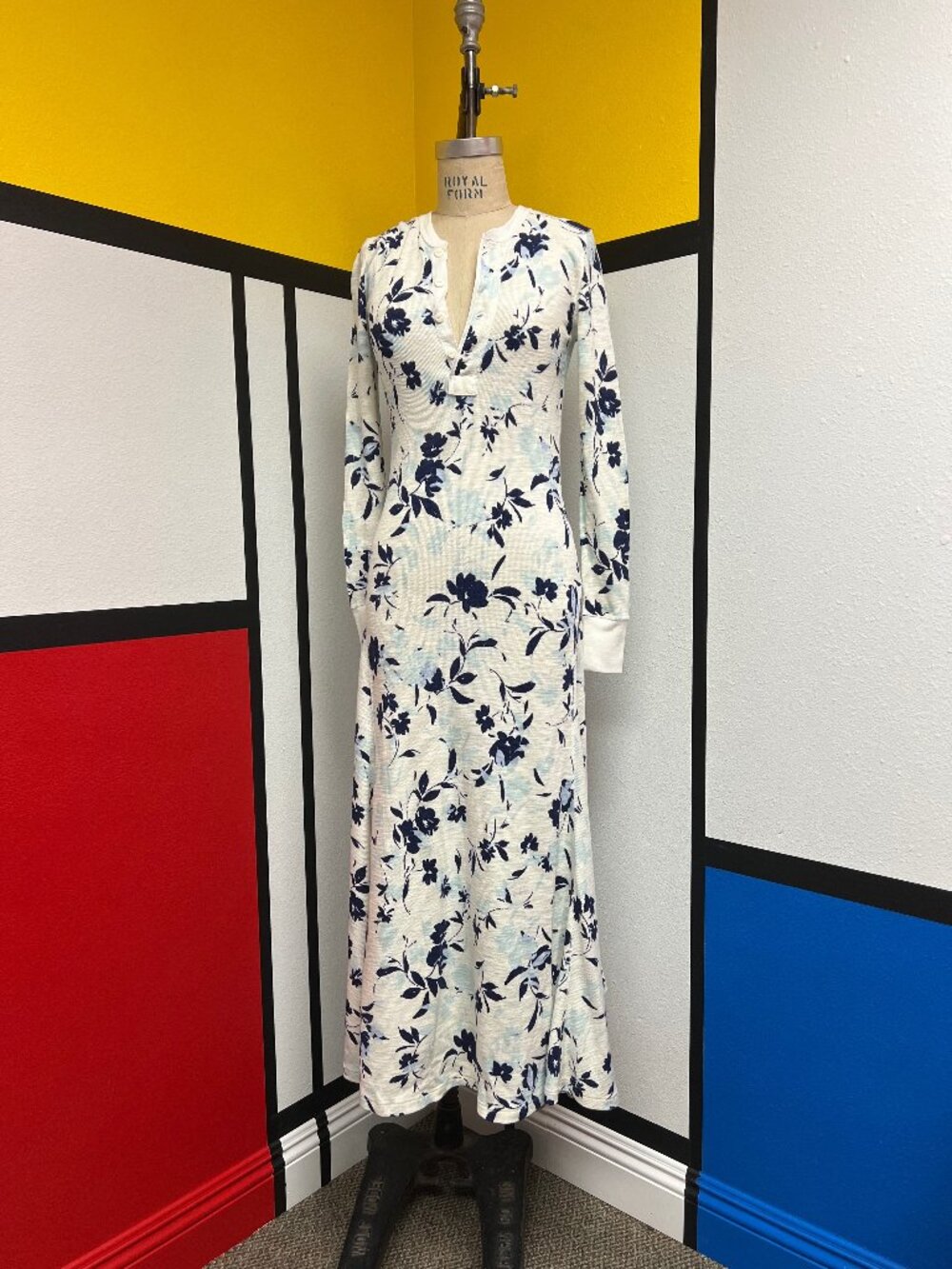 NWT Polo Ralph Lauren Thermal Waffle Knit Floral White Blue Maxi Dress XS $228